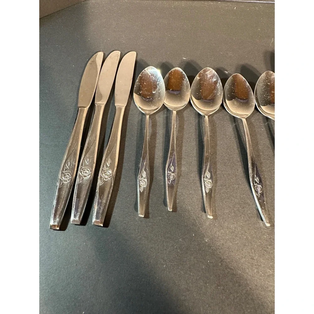 Vintage Japan Stainless Steel Flatware Rose Embossed Floral 15 Piece Mixed Lot